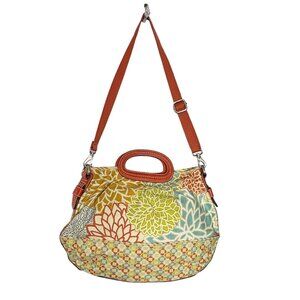 Fossil Purse Womens Floral‎ Canvas Leather Satchel Bag Key Accent Handle Straps